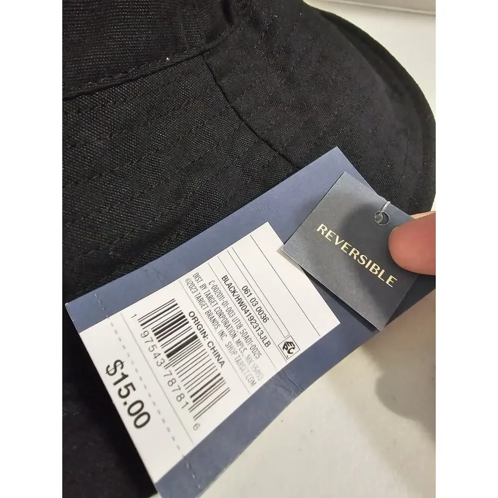 NWT Bucket Hat Reversible Black Beige Minimalist 90s Nostalgia Gorp 3.5 in Brim